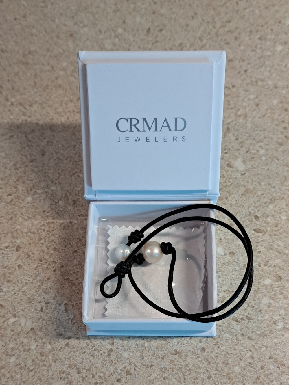 White Pearl Black Leather Cord Bracelet